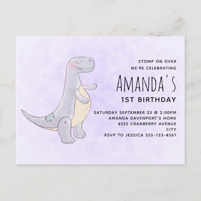 Invitation Carte Postale Jouet Dinosaure gris mou Aquarelle Anniversaire (Devant)