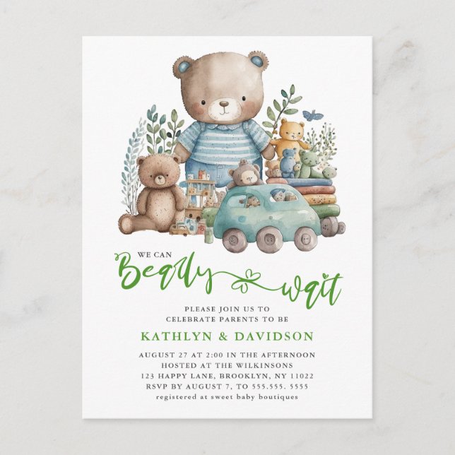 Invitation Carte Postale Jouets d'animaux de bois bleu Baby shower de scrip (Devant)