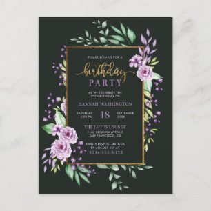 Invitation Carte Postale Jour d'anniversaire botanique mauve de chic Gold S