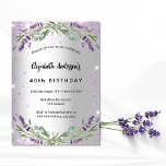Invitation Carte Postale Jour d'anniversaire lavande argent eucalyptus verd<br><div class="desc">Un arrière - plan faux argenté avec parties scintillant violette,  étincelants,  fleurs de lavande,  fleurs et végétation d'eucalyptus. Personnalisez et ajoutez votre nom et les détails de la fête.</div>