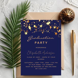 Invitation Carte Postale Jour de graduation marine bleu or étoiles