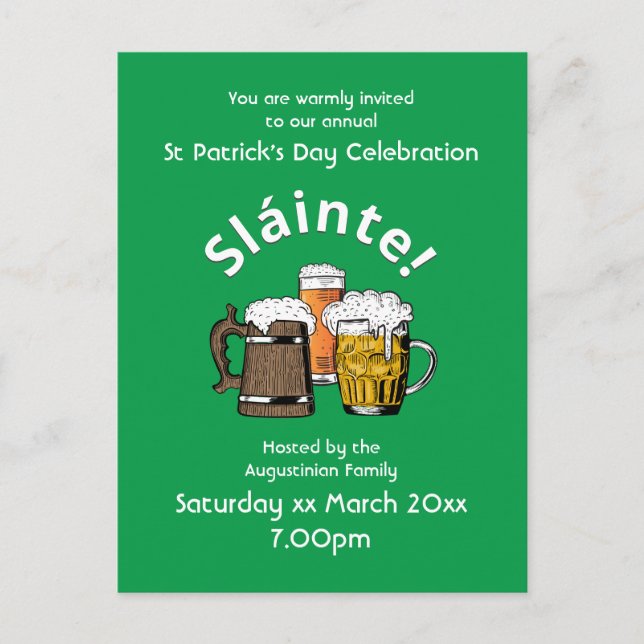Invitation Carte Postale Jour de la Saint Patrick Sláinte Soirées et bières (Devant)
