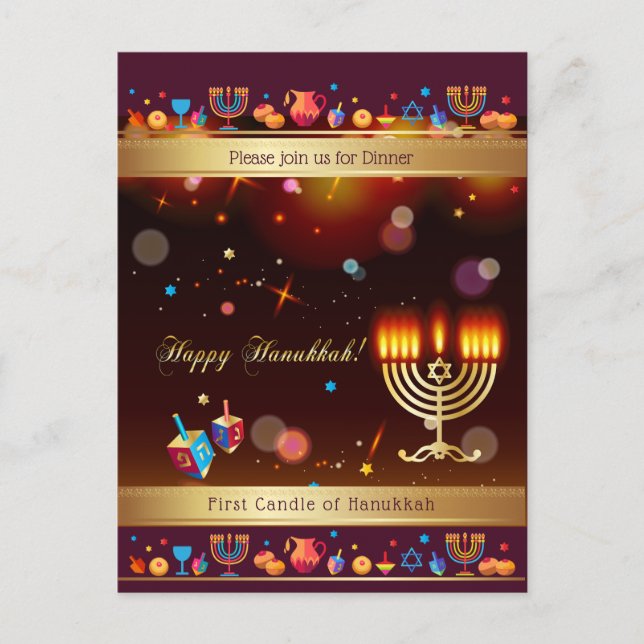 Invitation Carte Postale Joyeuse fête de Hanouka Or Hanukkiah (Devant)