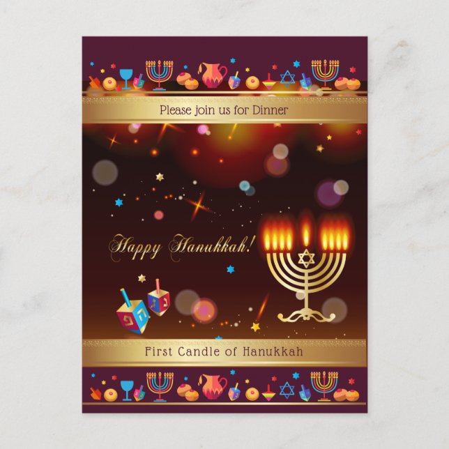Invitation Carte Postale Joyeuse fête de Hanukka Or Hanukkiah (Devant)