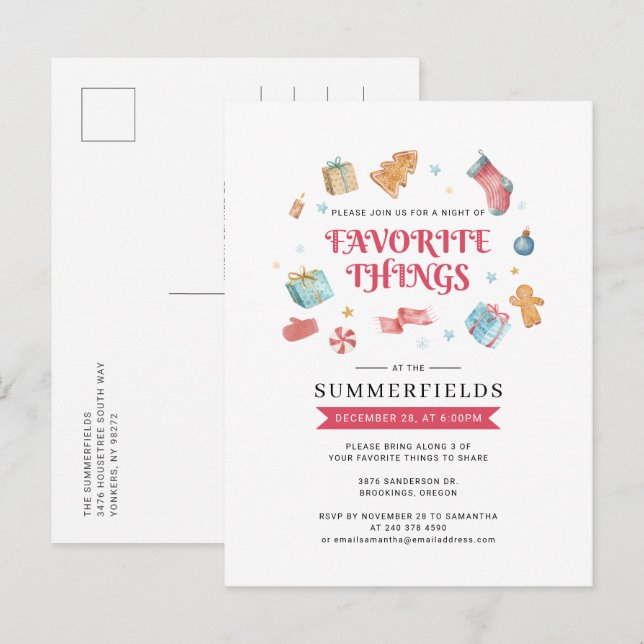 Invitation Carte Postale Joyeuses fêtes Noël Favorite Things Party (Devant / Derrière)