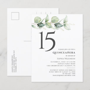 Invitation Carte Postale Joyeux 15e anniversaire Quinceanera Eucalyptus Feu
