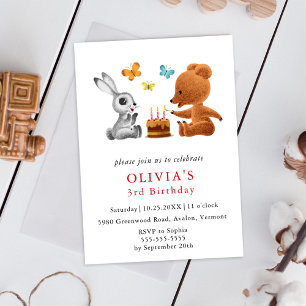 Invitation Carte Postale Joyeux 3e anniversaire Teddy Bear Bunny Cake