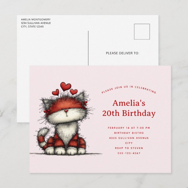 Invitation Carte Postale Joyeux Anniversaire Chat Mignon avec des Cœurs d'A (Devant / Derrière)