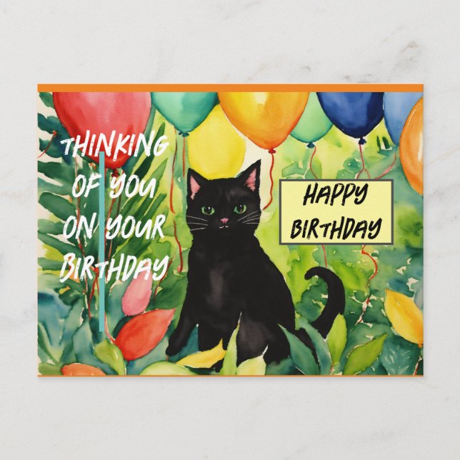 Invitation Carte Postale Joyeux anniversaire : chat noir qui ouvre une fête (Devant)
