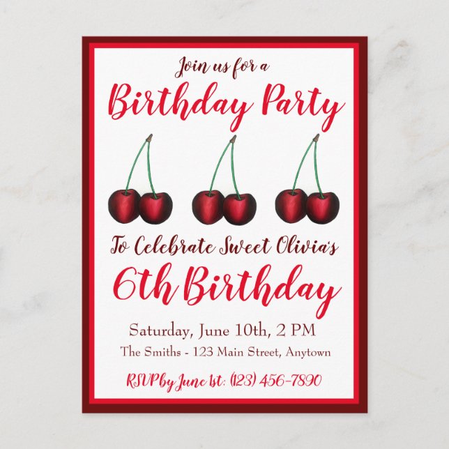 Invitation Carte Postale Joyeux Anniversaire Douce Bing Cerise Cerises Frui (Devant)