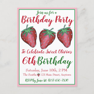 Invitation Carte Postale Joyeux Anniversaire Rose Red Sweet Fraise Berries