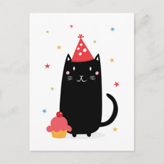 Invitation Carte Postale Joyeux chat d'anniversaire avec cupcake et casquet
