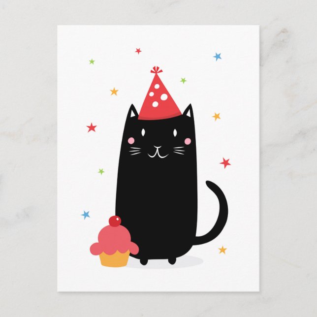 Invitation Carte Postale Joyeux chat d'anniversaire avec cupcake et casquet (Devant)