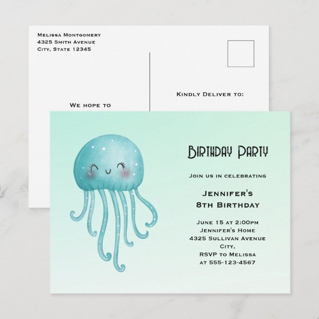Invitation Carte Postale Joyeux et joyeux poisson bleu-vert Jellyfish Anniv (Devant / Derrière)