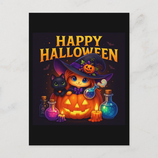Invitation Carte Postale Joyeux Halloween Chouette Chat Sorcière Potions Ca (Devant)