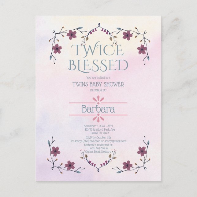 Invitation Carte Postale Jumeaux : Boho Floral & Lavender Watercolor (Devant)