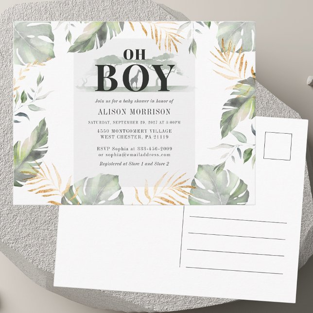 Invitation Carte Postale Jungle Safari Boy Giraffe Baby shower (Jungle Safari Boy Giraffe Baby Shower Invitation Postcard)