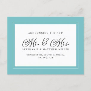Invitation Carte Postale Juste Marié Elopement Aqua Vert Blanc Élégant