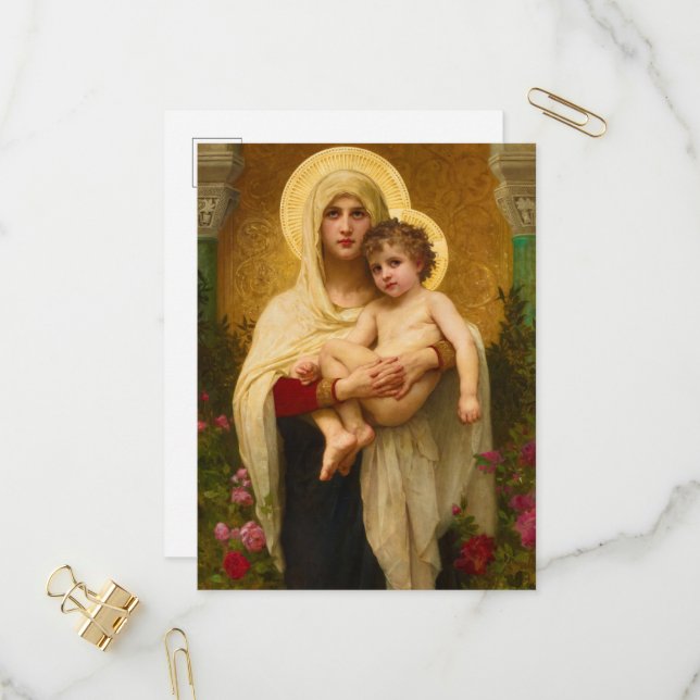 Invitation Carte Postale La Madone aux roses de William Bouguereau (Devant/Arrière en situation)