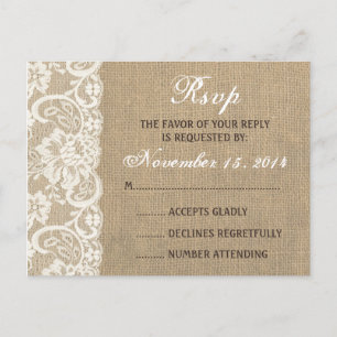 Invitation Carte Postale Lace Look Rustique CHAUD Burlap Wedding RSVP PostC