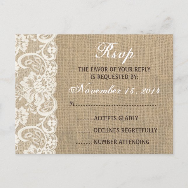 Invitation Carte Postale Lace Look Rustique CHAUD Burlap Wedding RSVP PostC (Devant)