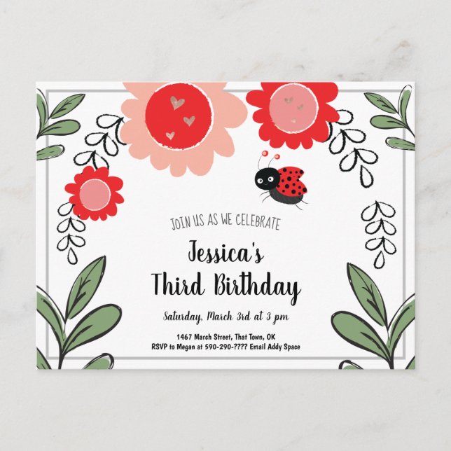 Invitation Carte Postale Ladybug et Fleurs Anniversaires de enfants Invitat (Devant)