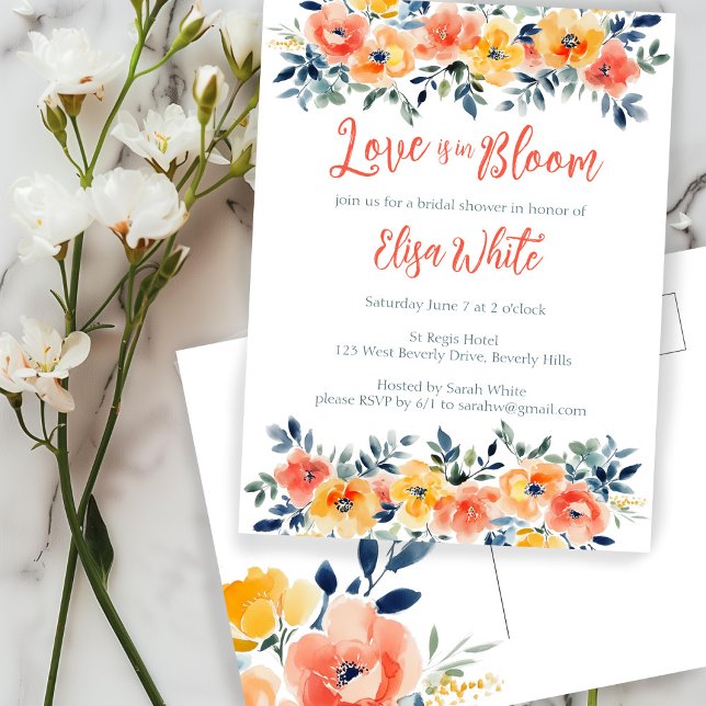 Invitation Carte Postale L'amour est dans l'aquarelle fleurie douche nuptia (Love is in Bloom Watercolor Floral Bridal Shower Invitation Postcard
)