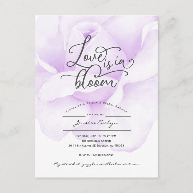 Invitation Carte Postale L'amour est en fleur, simple douche moderne violet (Devant)