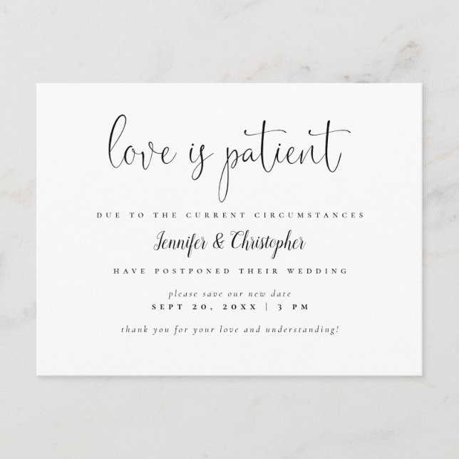 Invitation Carte Postale L'amour est patient Script N&B Report de mariage (Devant)