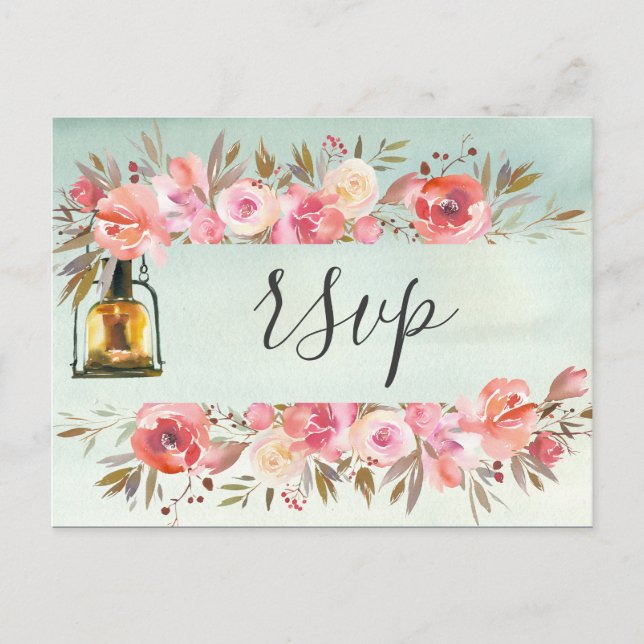 Invitation Carte Postale Lanternes Florales Aquarelle Vert Rustique Mariage (Devant)