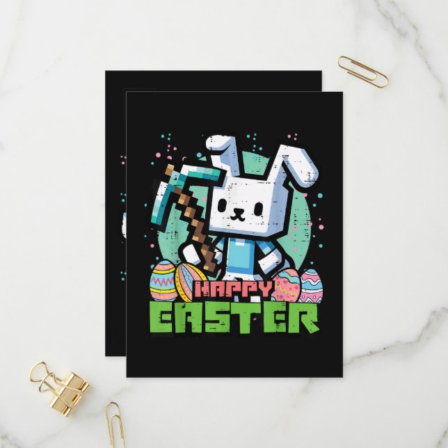 Invitation Carte Postale Lapin de Pâques Pixel Game Joyeux  (Devant/Arrière en situation)