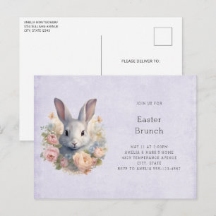 Invitation Carte Postale Lapin entouré de fleurs pastel Mignon Pâques