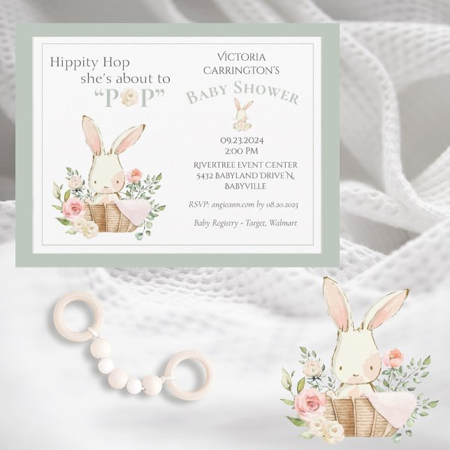 Invitation Carte Postale Lapin Lapin Floral Vert Genre Neutre Bébé (Créateur téléchargé)