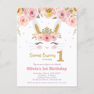 Invitation Carte Postale Lapin mignon 1er Anniversaire Floral rose