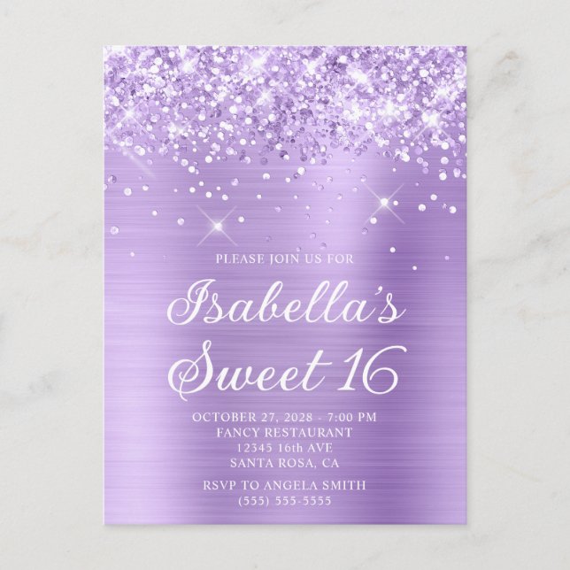 Invitation Carte Postale Lavande de la Glittery Foil Sweet 16 Photo (Devant)