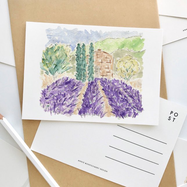 Invitation Carte Postale Lavande Fields France Aquarelle (French lavender fields watercolor travel postcard.)
