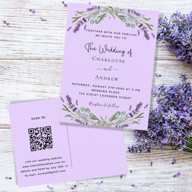 Invitation Carte Postale Lavande violet verdure fleurie mariage code QR (Créateur téléchargé)