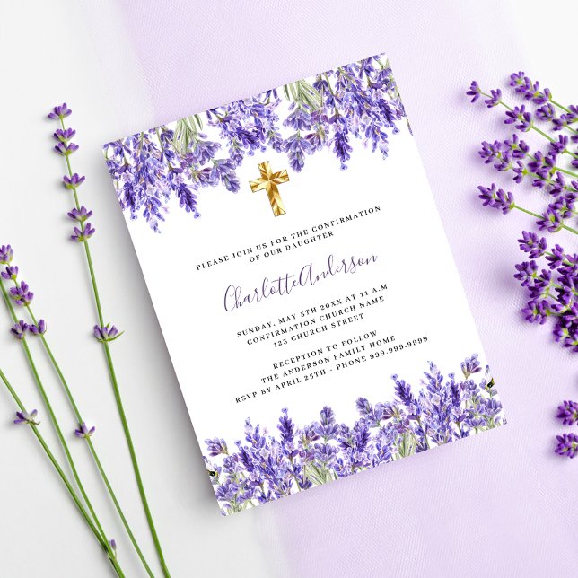 Invitation Carte Postale Lavande violette florales or croix Confirmation (Créateur téléchargé)