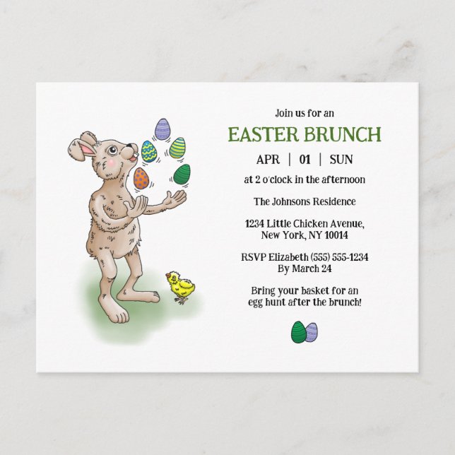 Invitation Carte Postale Le brunch de Pâques de Lapin jongleur (Devant)