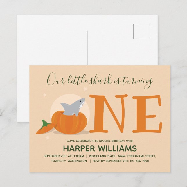 Invitation Carte Postale Le requin devient un Citrouille premier anniversai (Devant / Derrière)