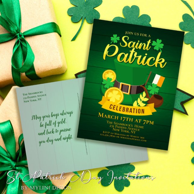 Invitation Carte Postale Leprechaun Casquette et Gold St. Patrick's Day (Créateur téléchargé)