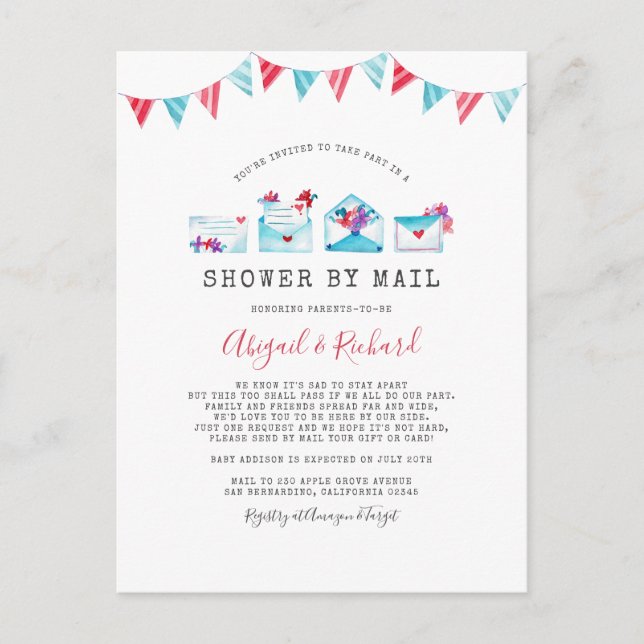 Invitation Carte Postale Lettres d'aquarelle Douche longue distance par cou (Devant)