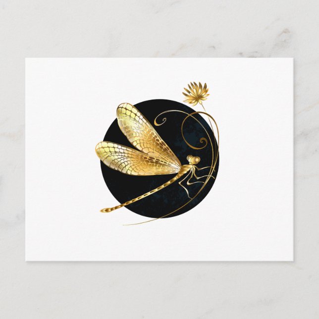 Invitation Carte Postale libellule d'or en cercle noir (Devant)
