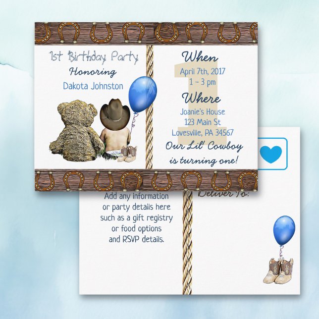 Invitation Carte Postale Lil Cowboy Baby Boy et Teddy Bear 1er anniversaire (Créateur téléchargé)