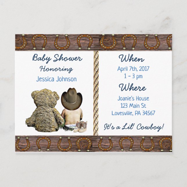 Invitation Carte Postale Lil Cowboy Baby Boy et Teddy Bear Baby shower (Devant)