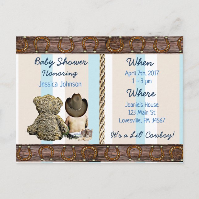 Invitation Carte Postale Lil Cowboy Baby Boy et Teddy Bear Baby shower (Devant)
