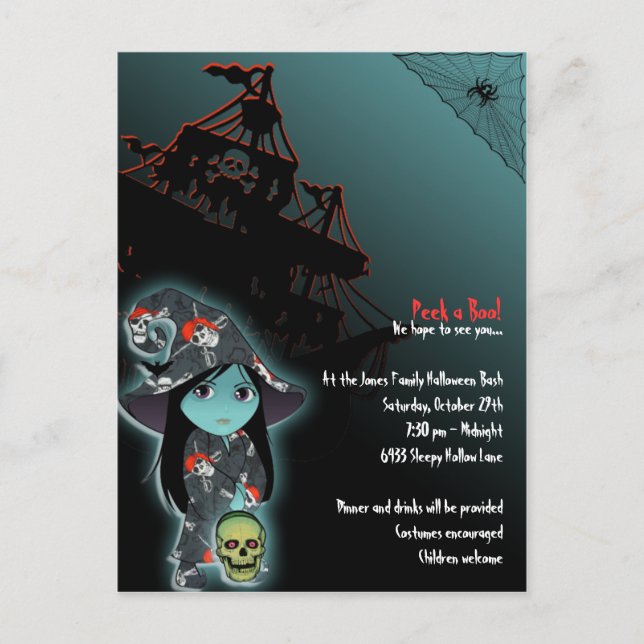 Invitation Carte Postale Lil' Witch in Pirate Skull Robe Halloween Invitati (Devant)