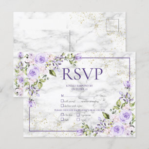 Invitation Carte Postale Lilac Lavender Marbre Or Mariage Floral RSVP
