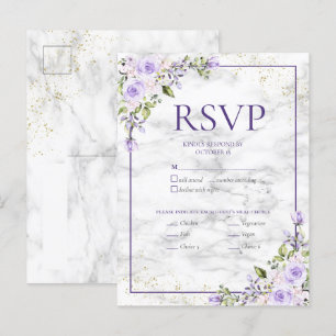 Invitation Carte Postale Lilac Lavender Marbre Or Mariage Floral RSVP Inv