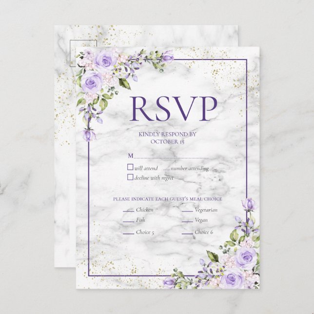 Invitation Carte Postale Lilac Lavender Marbre Or Mariage Floral RSVP Inv (Devant / Derrière)